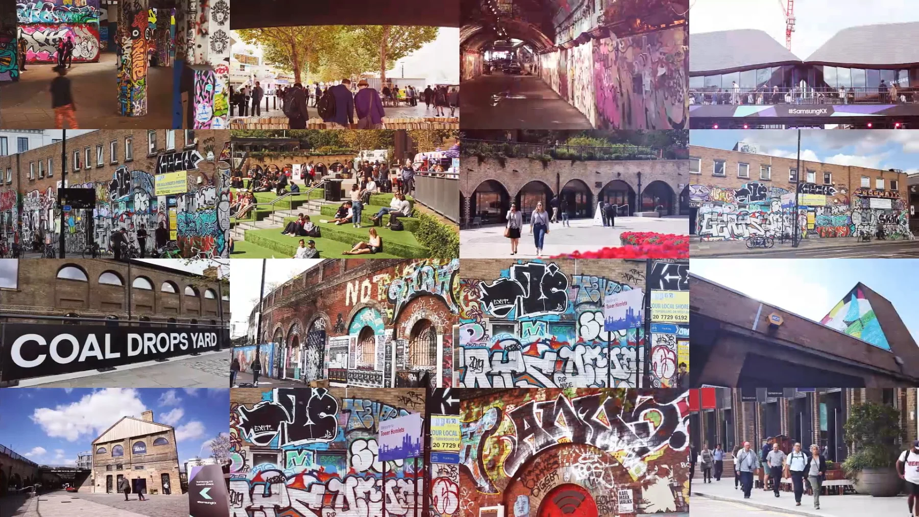Coal Drops Yard and the surrounding King's Cross district — collage of street art, graffiti walls and brick warehouses that contextualise Samsung's choice of a graffiti centrepiece for Samsung KX