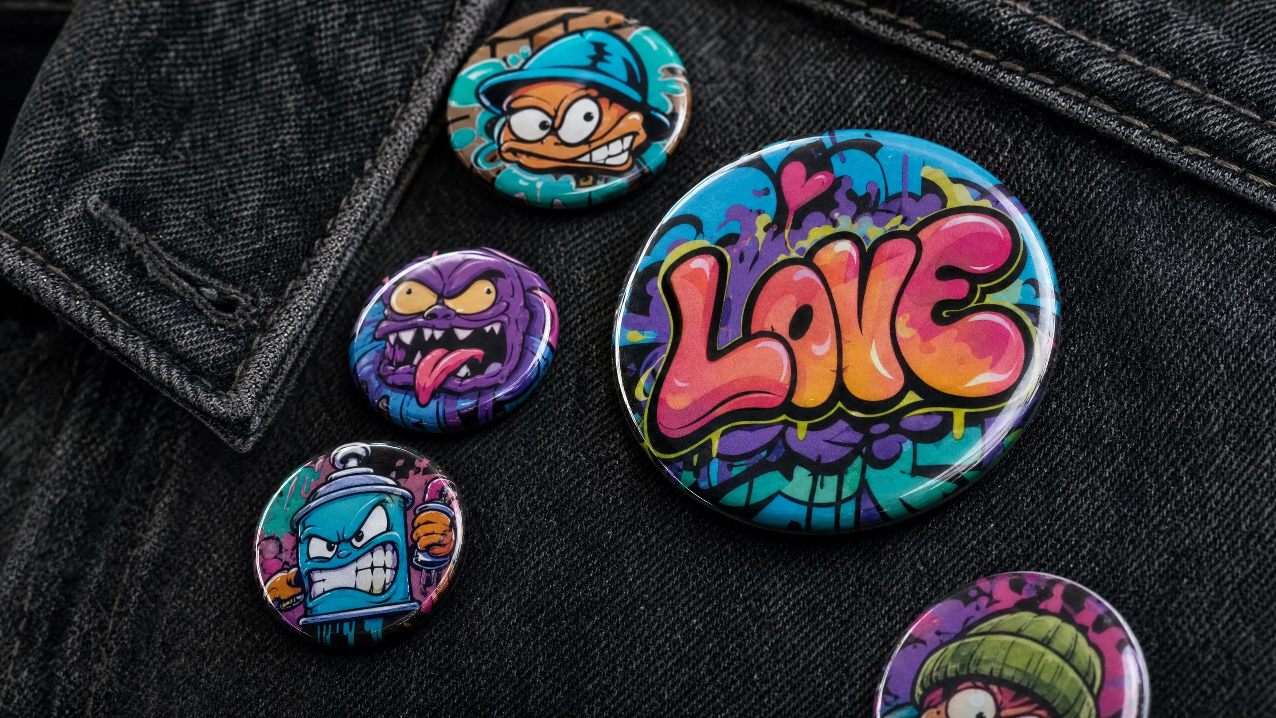 Custom pin-back buttons made from guest artwork