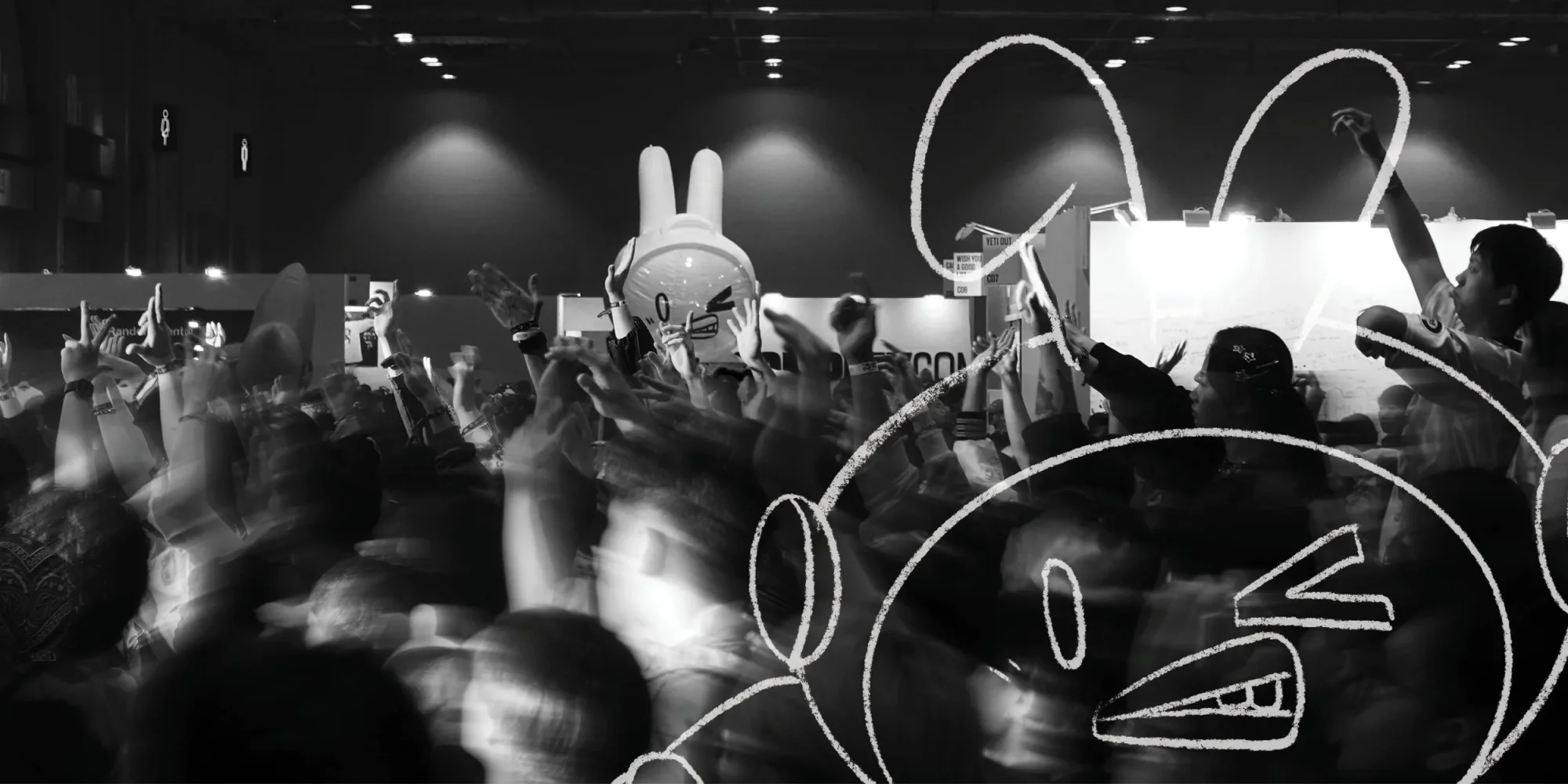 ComplexCon Hong Kong 2025 crowd with hands up around the Space Bun in dramatic black-and-white, with Chairman Ting's signature bunny illustrations layered over the photograph