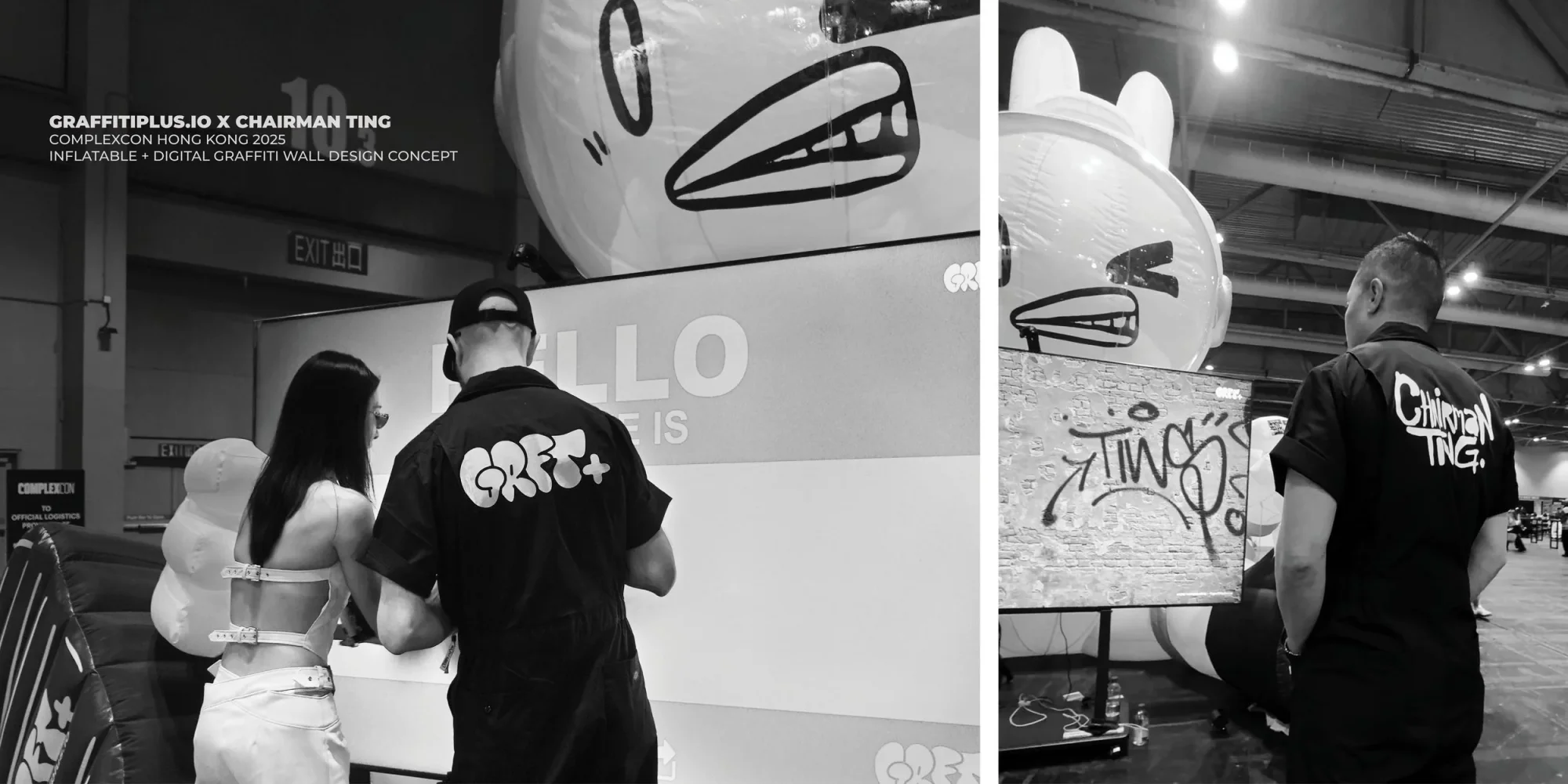 The 'GRAFFITIPLUS.IO × CHAIRMAN TING' partnership shot at ComplexCon Hong Kong 2025 — Graffiti+ jacket and Chairman Ting jacket side by side at the Digital Graffiti Space Bun installation