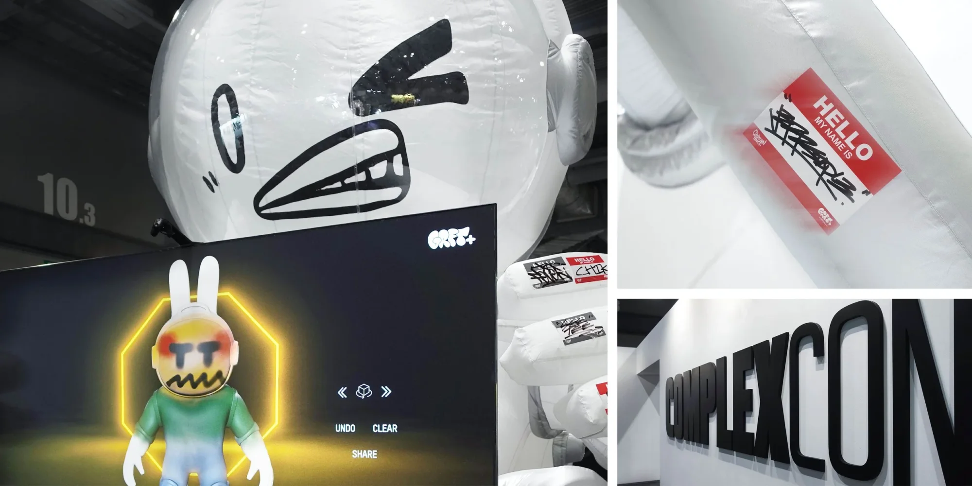 ComplexCon Hong Kong 2025 quad-view: the 13-foot Billion Buns inflatable Space Bun, the 100-inch 4K Graffiti+ canvas with Chairman Ting's bunny character, a 'Hello My Name Is' Chairman Ting sticker on the inflatable, and the ComplexCon Hong Kong signage