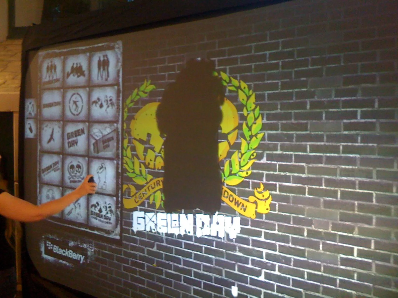 The Graffiti+ digital wall loaded with the custom Green Day stencil library and the 21st Century Breakdown emblem, BlackBerry branded