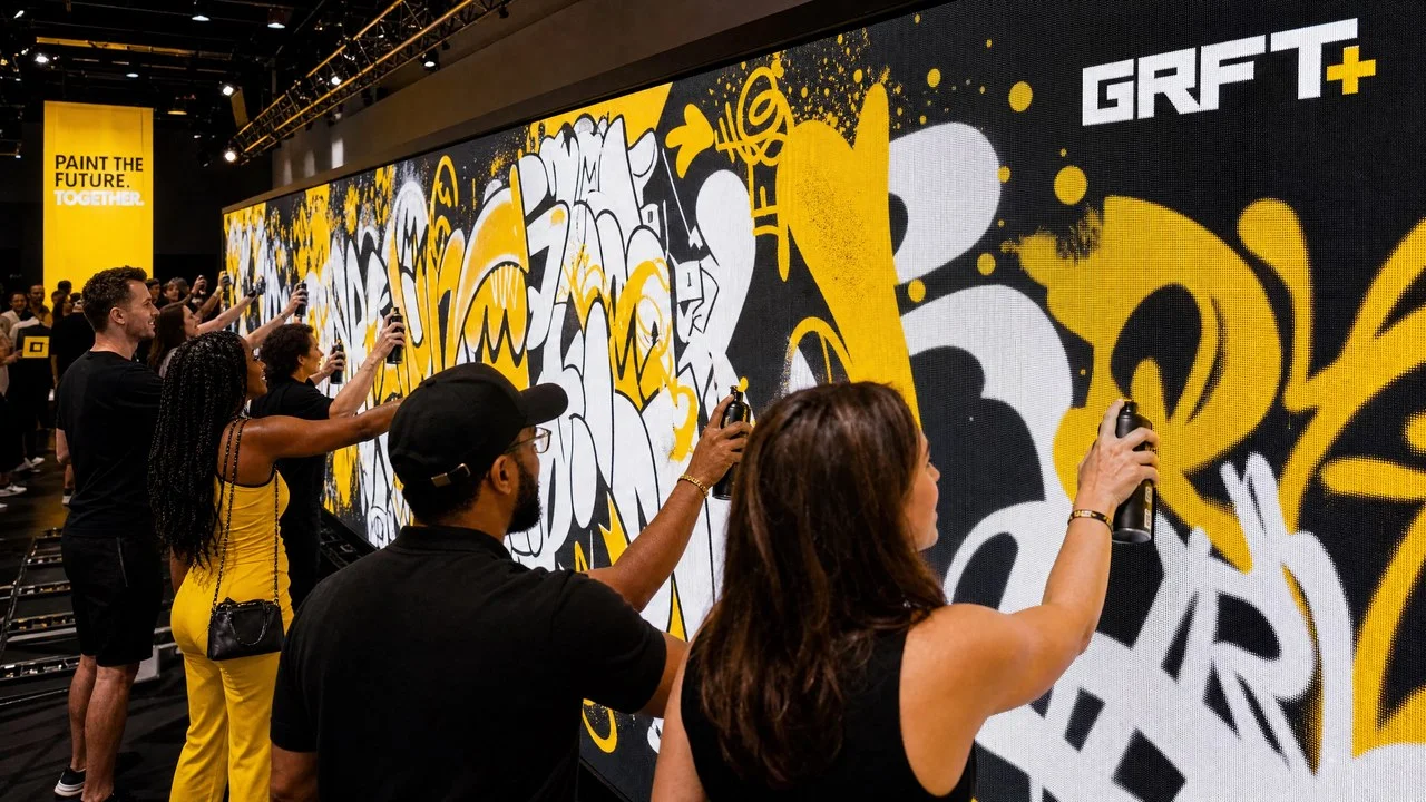 Multiple guests painting simultaneously on a Graffiti+ digital wall at a live event