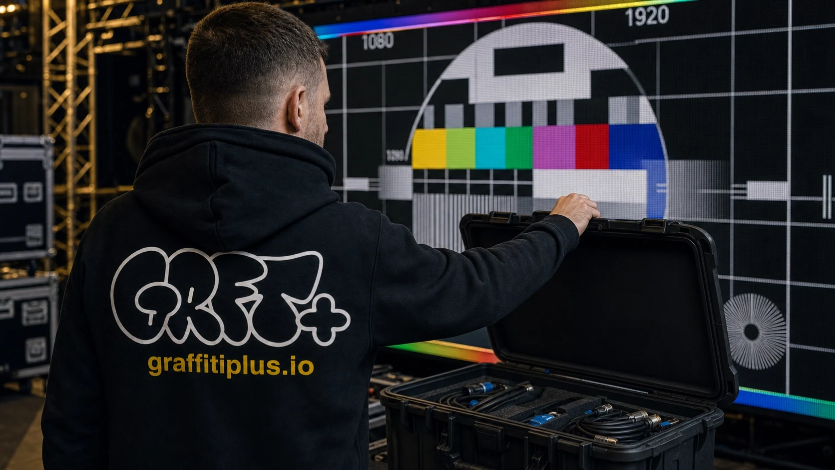 Graffiti+ crew setting up AV equipment for an interactive digital graffiti wall at an event venue