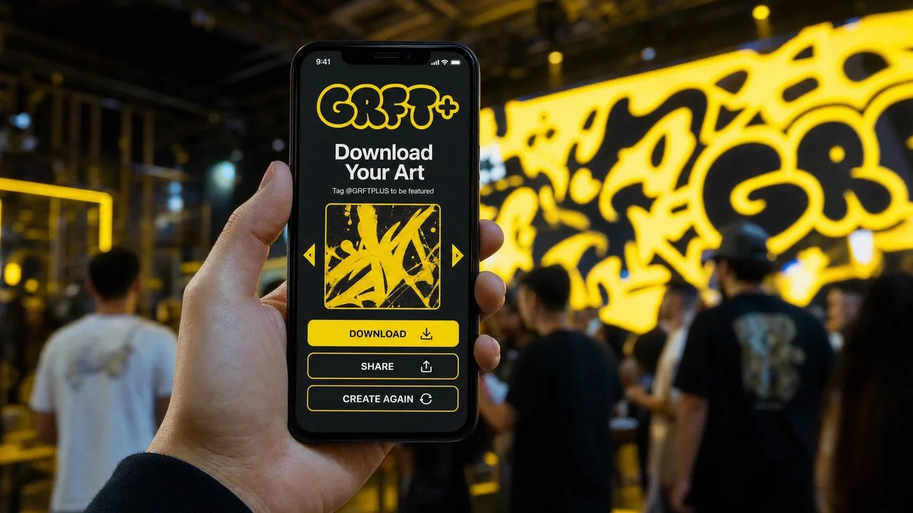 Guest sharing their digital graffiti artwork on their phone after the event