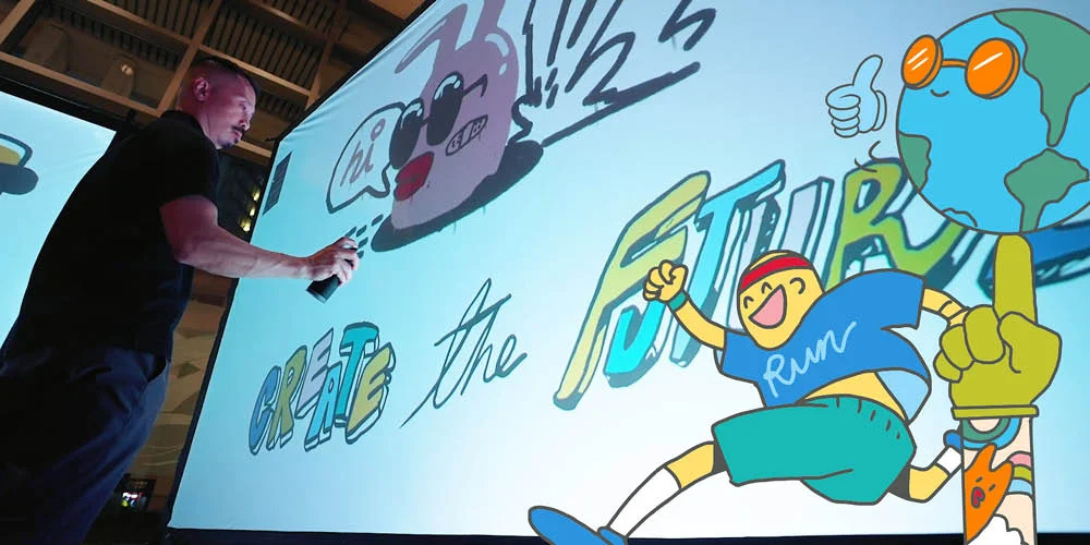 Carson Ting (Chairman Ting) drawing live on the Graffiti+ LED wall at Lululemon's RMI Gathering 2023 — 'Create the Future' mural in progress with Chairman Ting's signature character illustrations