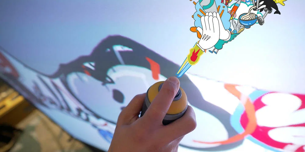 Close-up of a Lululemon-branded custom spray can painting on the Graffiti+ LED wall, with Chairman Ting's illustration coming alive on screen