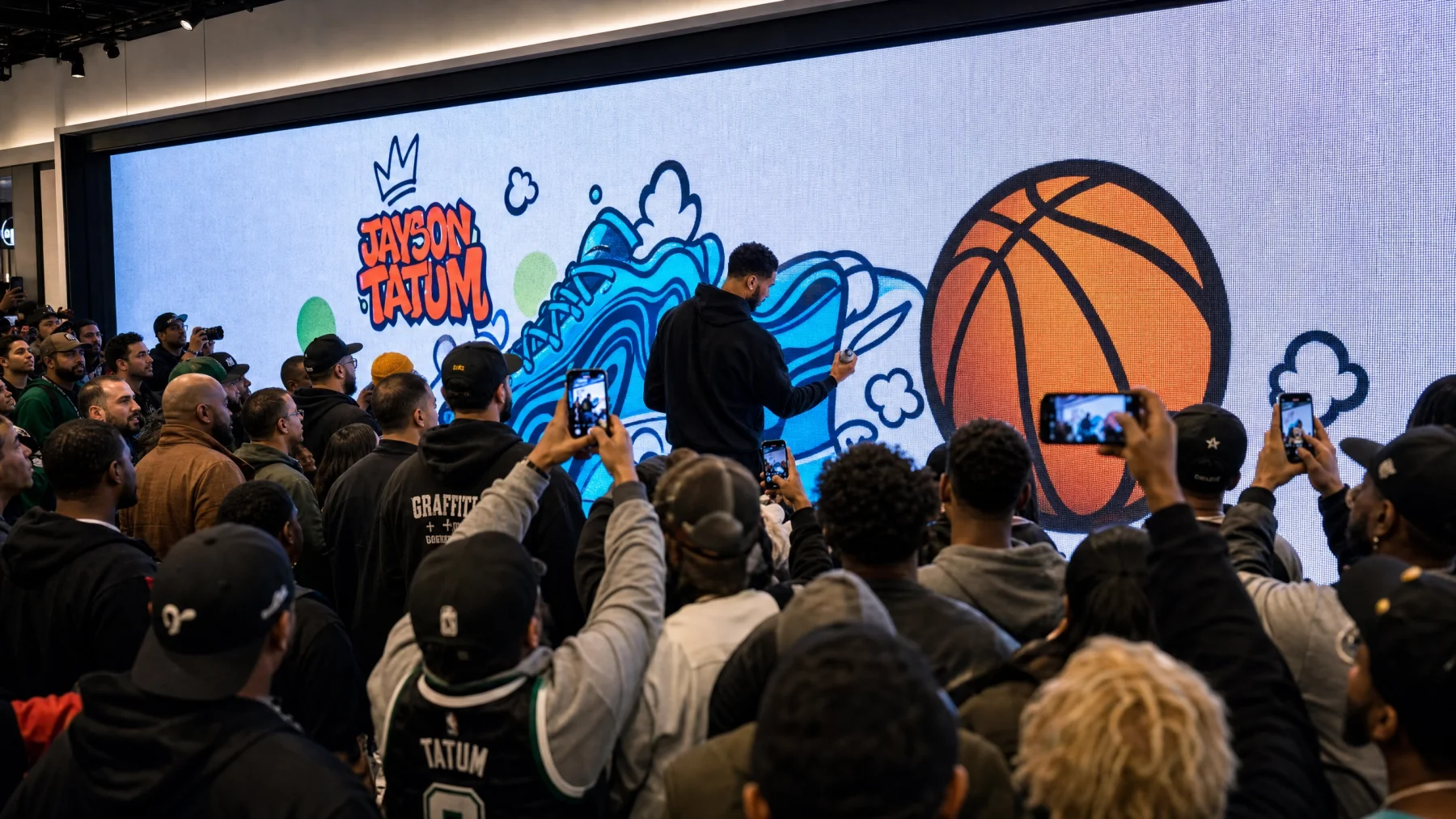 Jayson Tatum painting his name on Jordan Brand's 'Unbannable Air' interactive graffiti wall at Foot Locker, NBA All-Star 2025 San Francisco — crowd watching, phones up