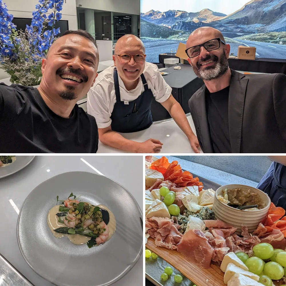 Alex Beim of Graffiti+ with Chef Joel Watanabe (Kissa Tanto, Bao Bei) and Carson Ting at the Porsche Centre Richmond 75th anniversary Festival of Dreams, plus Michelin-Star course details