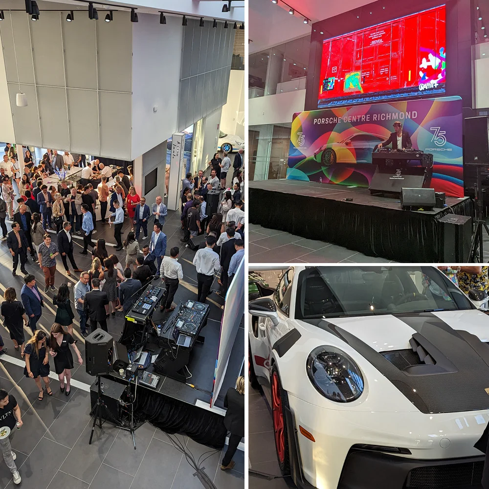 Porsche Centre Richmond 75th Anniversary Festival of Dreams — VIP crowd inside the dealership next to the Graffiti+ LED wall with the Porsche 75 branding, white 911 GT3 RS on the right
