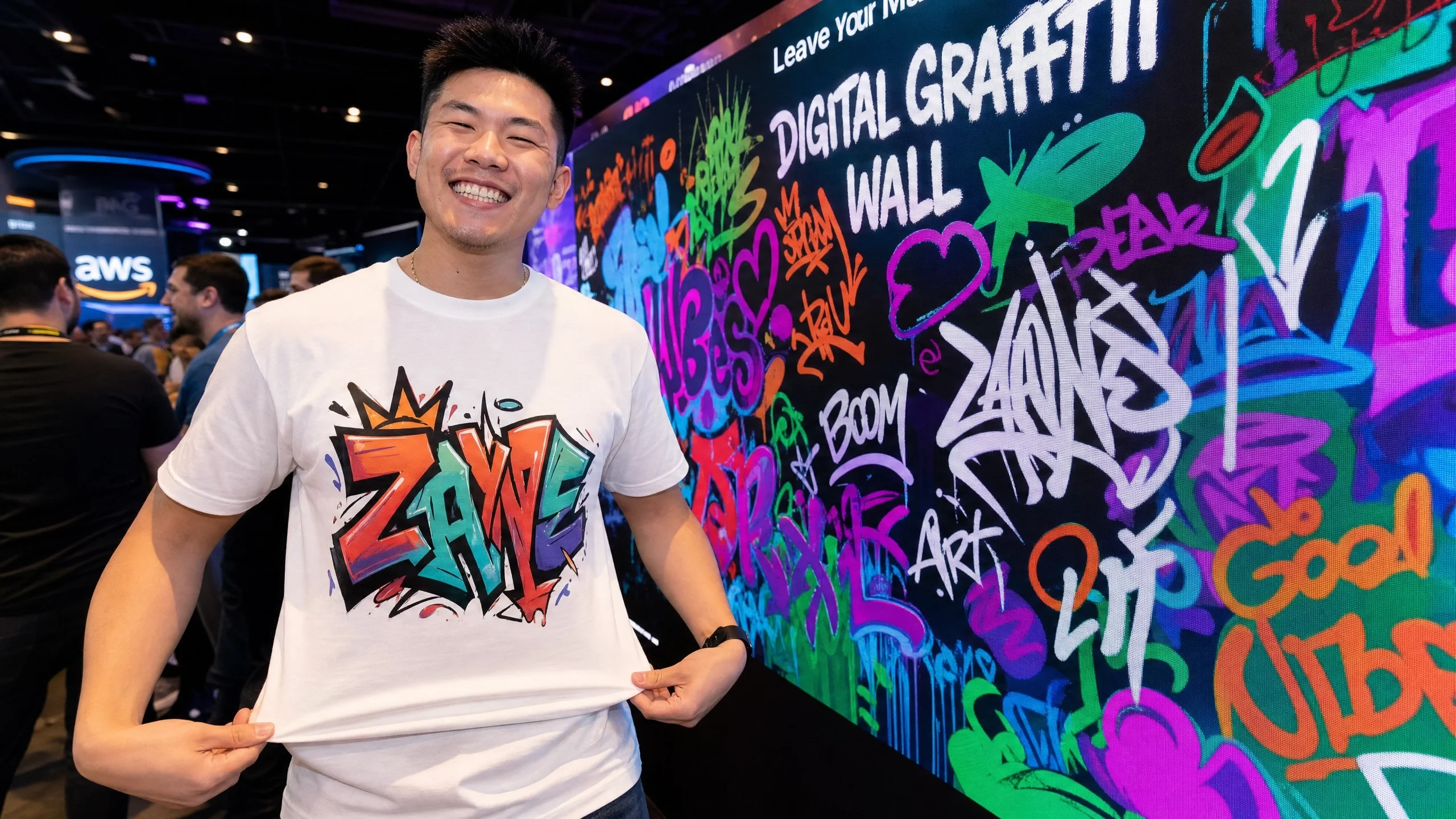 Guest holding freshly printed custom t-shirt at event